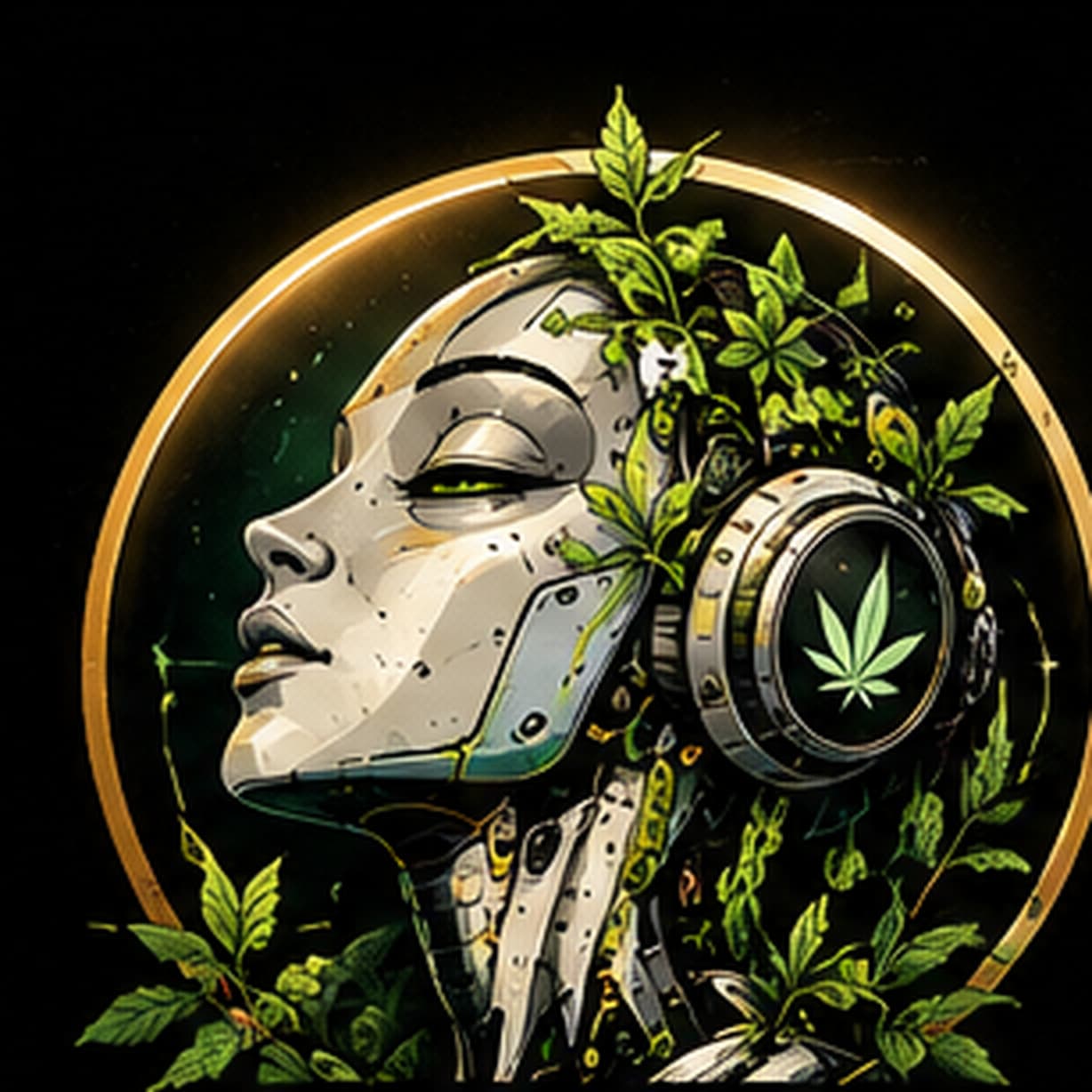 Exploratory concept art: a serene android in profile with a segmented faceplate, a circular acoustic assembly at the ear, and plants growing around the neck.