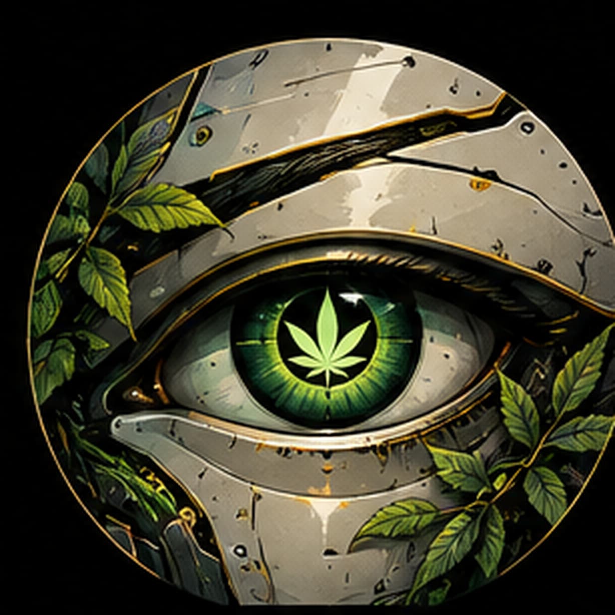 Exploratory concept art: a robotic eye set in a weathered engineered faceplate, its iris lit green around a leaf, with foliage growing through the seams.